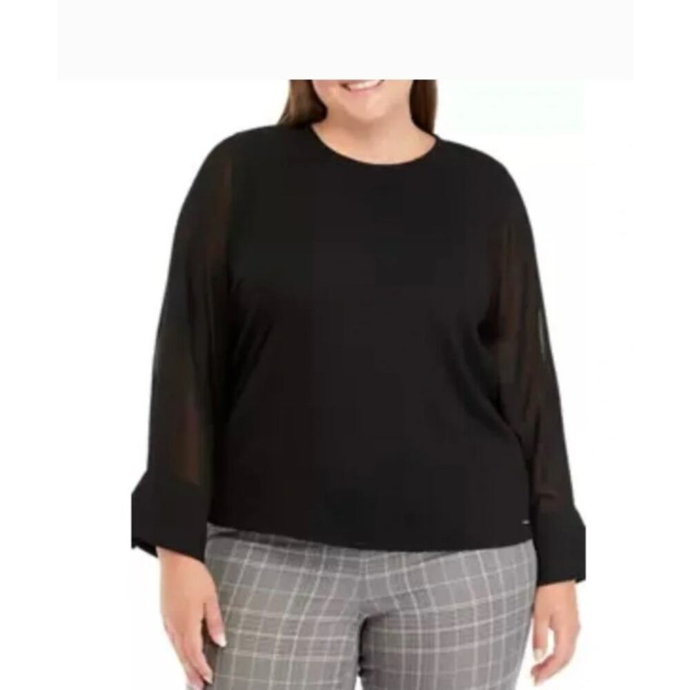 Calvin Klein 3/4 Chiffon Blouson Sleeve Pull Over Tunic Top, Black, Size XL